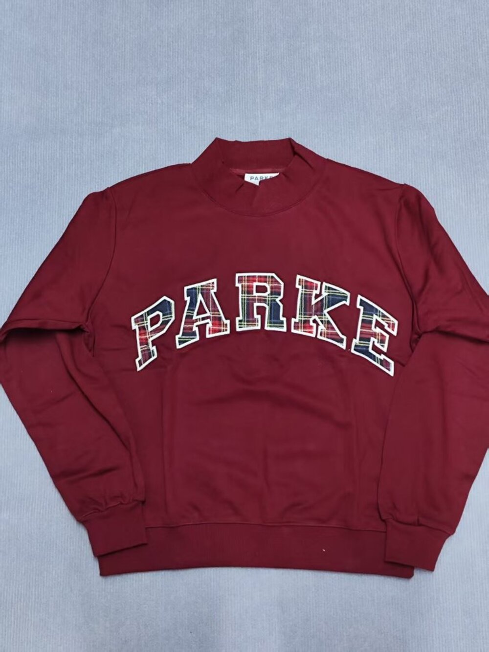 PARKE Mock Neck Plaid Letter Patch Sweatshirt